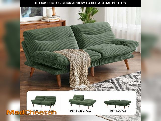 Lot 74-14109473 - CHITOOMA 75" Corduroy Futon Sofa Bed, Green Convertible Couch with Adjustable Backrest and 6-Level A...