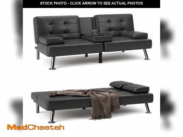 Lot 74-12578801 - Furmax Futon Sofa Bed Convertible Folding Faux Leather Couch with 2 Cup Holders,Black - UNUSED