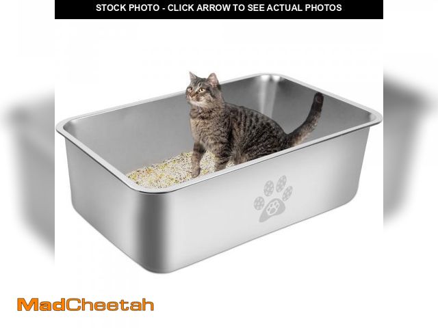 Lot 74-12513795 - Ptlom Cat Litter Box with High Sides Large Stainless Steel Cat Litter Pan 23.6" x 15.7" x 7.9" - UNU...