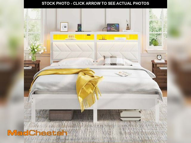 Lot 74-13643384 - Greenstell Full LED Bed Frame with Headboard Storage - Charging Station,Off White - UNUSED