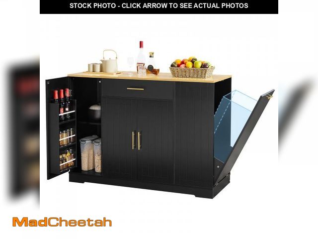 Lot 74-12206614 - Lyromix 53" Long Kitchen Island with Trash Can Storage, Black Kitchen Cart with Garbage Bin 10 Gallo...