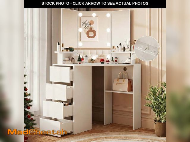 Lot 74-14288273 - Veanerwood White Corner Vanity Desk with Mirror and Light,Makeup Table with 4 Drawers and Charging S...