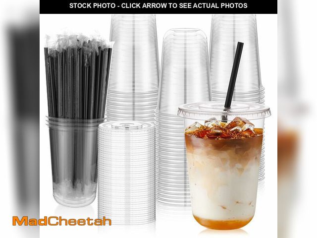 Lot 74-14053453 - tchrules 100 Set 16oz Plastic Cups with Lids and Straws, Disposable Clear Iced Coffee Cup with Lid, ...