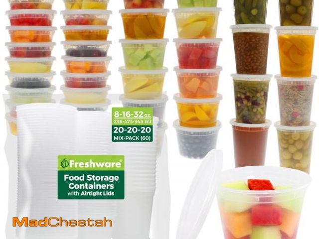 Lot 74-12137707 - Freshware Food Storage Containers with Lids [60 Pack] 8, 16, 32 oz, 20 sets each Plastic Deli Contai...