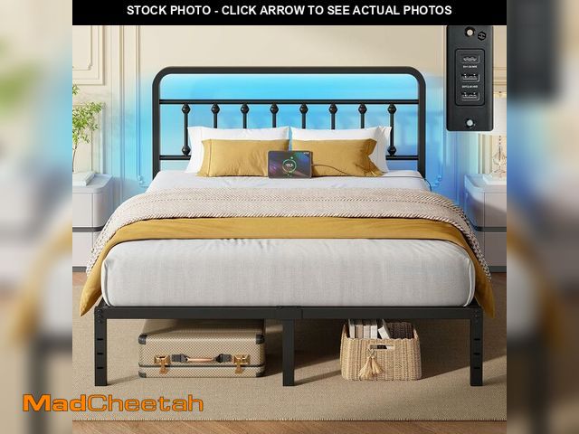 Lot 74-12829165 - (MISSING HARDWARE) Rolanstar Full Bed Frame, 14 Inch Metal Platform with Headboard, Charging Station...