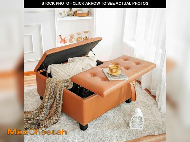 Lot 74-12659603 - MAYKOOSH Caramel, Folding Storage Ottoman, Upholstered Leather Ottoman Coffee Table, Large Ottoman w...