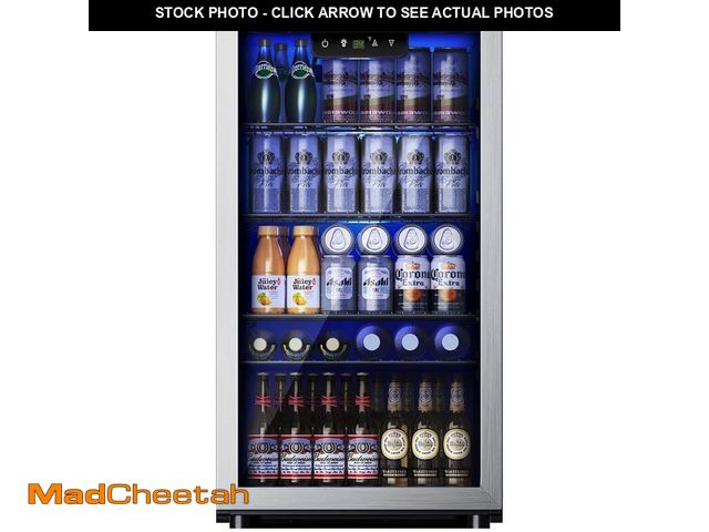 Lot 74-13062323 - SIMZLIFE 17.3 in.W Single Zone 130-Cans Freestanding Beverage Refrigerator Cooler in Silver, Reversi...