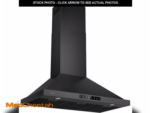 Lot 74-13073383 - (BENT, MISSING HARDWARE) VIKIO HOME Black 36 inch Pro Wall Mount Range Hood 980CFM, Direct 3 Speed P...
