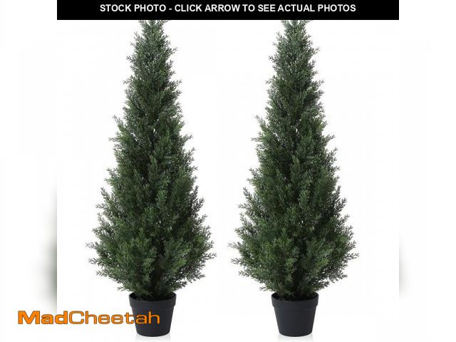 Lot 74-12514564 - Artificial Cedar Tree 2 Pack 4 ft Outdoor Artificial Topiary Cedar Plants Fake Tree UV Rated Potted ...