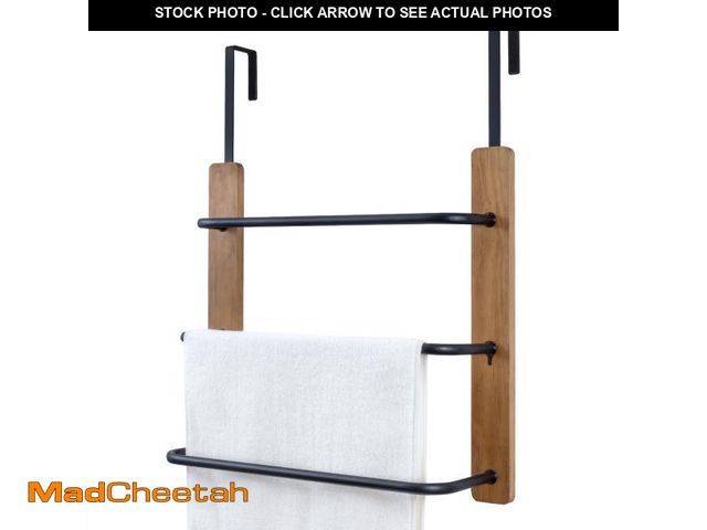 Lot 74-12218797 - MyGift Over The Door Towel Rack for Bathroom, Rustic Solid Burnt Wood Towel Storage Organizer, 3 Tie...
