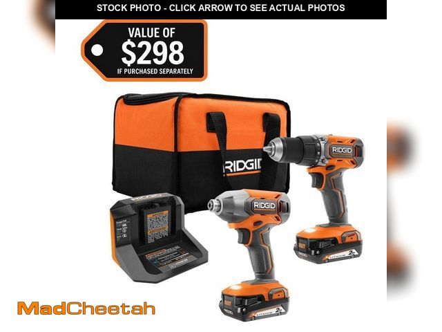 Lot 74-13045949 - *DIRTY/SCRATCHED* RIDGID 18V Cordless 2-Tool Combo Kit with Drill/Driver, Impact Driver, (2) 2.0 Ah ...