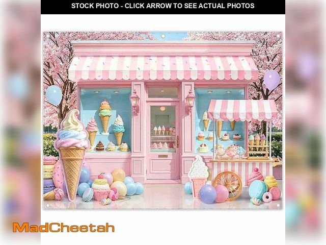 Lot 74-14214003 - Swepuck 8x6ft Fabric Ice Cream Shop Backdrop Pink Sweet Cone Dessert Floral Macaron Photography Back...