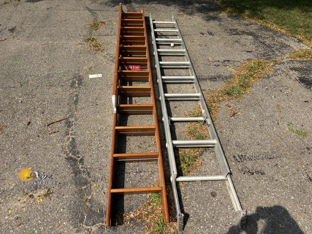 Lot 83-0573 - 10 ft Extension Ladder and Wooden Rolling Ladder