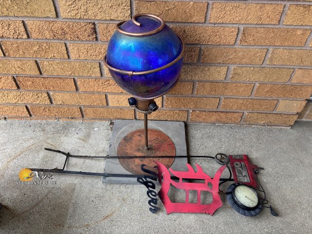 Lot 83-1017 - Decorative Blue Glass Ball on Stand and Garden/Yard Stakes