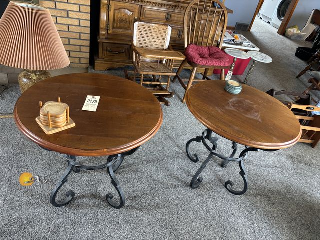 Lot 83-2175 - Pair of Wood Top with Wrought Iron Base Dining/Entry Tables