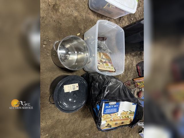 Lot 83-0198 - Lot of Cooking Pans, and Tote of Miscellaneous