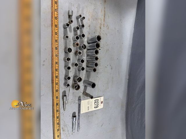 Lot 83-0279 - 3/8" to 1/4" Adapter, 3/8" Extension, 1/2" Extension, Miscellaneous 3/8" and 1/4" Sockets