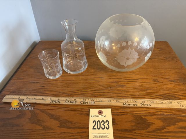 Lot 83-2033 - Vintage Floral Etched Carafe with Tumbler Cup and Etched Glass Bowl