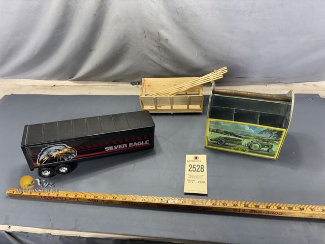 Lot 83-2528 - Silver Eagle Trailer Toy, John Deere Tin Box, and Wooden Crate