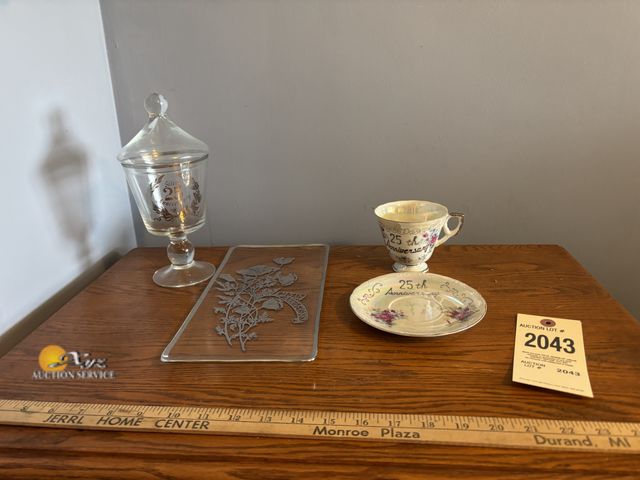 Lot 83-2043 - 25th Anniversary Candy Dish, Rectangular Dish, Tea Cup, and Saucer