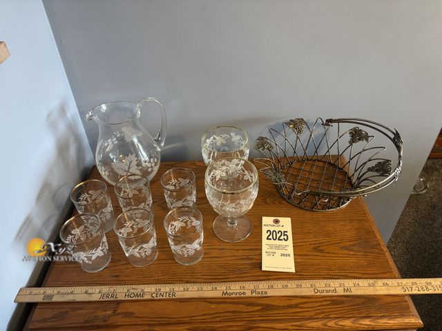Lot 83-2025 - Grapevine Etched Pitcher and Glasses + Basket