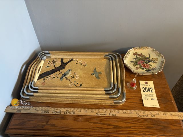 Lot 83-2042 - Vintage Asian Hand Painted Bird and Cherry Blossom Trays, and Japanese Peacock Plate