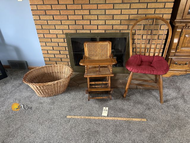 Lot 83-2179 - Wicker Basket, High Chair, and Dining Chair