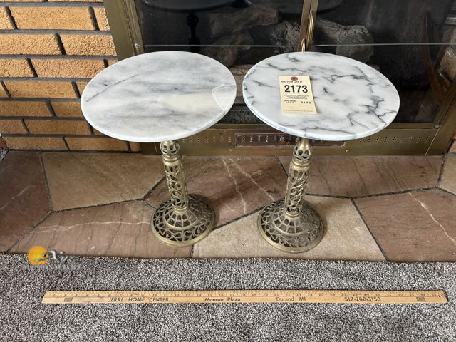 Lot 83-2173 - Pair of Brass &amp; Round Marble Top Side Tables