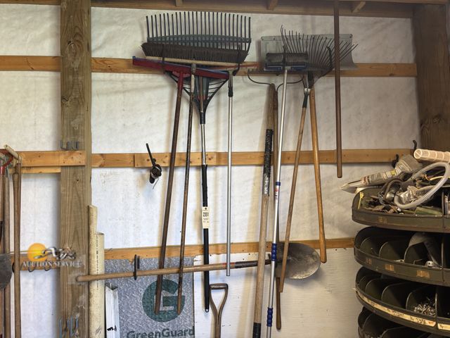 Lot 83-2351 - Lot of Rakes, Brooms, Shovels, and a Vintage Cricket Bat