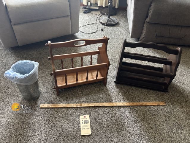 Lot 83-2180 - Two Magazine Racks and a Galvanized Trash Can