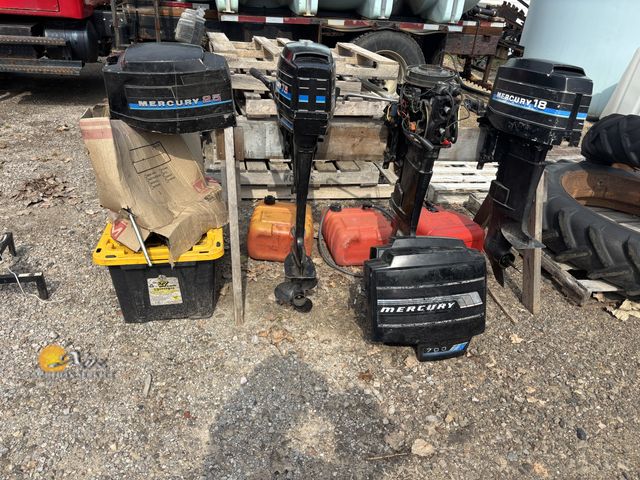 Lot 83-2022 - Three Mercury Outboard Motors with Gas Tanks, Box of parts, and Stand