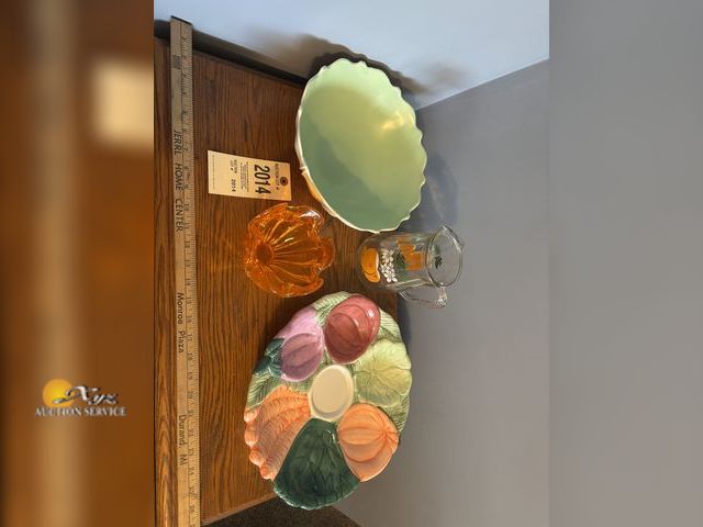 Lot 83-2014 - WCL Veggie Platter, Vintage Vitrock Oyster&amp;Pearl Serving Bowl, Orange Glass Bowl, and Juice Pitc...