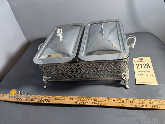 Lot 83-2128 - Vintage Anchor Hocking Double Chafing Dish with Glass Inserts and Lids