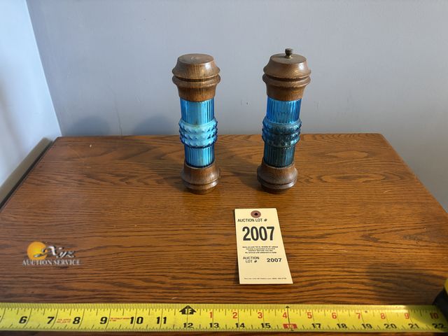 Lot 83-2007 - VTG Wooden And Glass Blue Salt and Pepper Mill Shakers