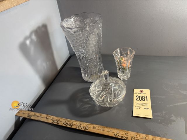 Lot 83-2081 - Crystal Vase Frosted Grapes &amp; Vines, Small Crystal Vase, and Crystal Candy Dish