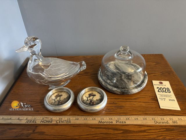 Lot 83-2028 - Duck Dish, Cheese Dome with Marble Base, and Wildlife Coasters