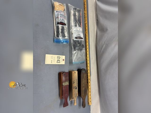 Lot 83-0143 - Harris Ultralight Bipods Series S Model 25 and Series 1A2 Model L And Three Turkey Calls