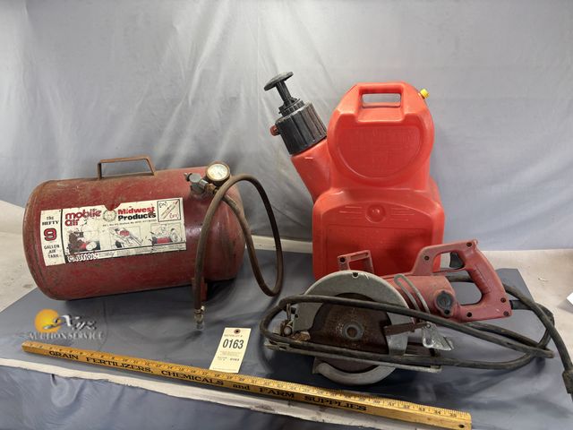 Lot 83-0163 - Air Tank, 5 Gallon Gas Can, and 7 1/4" Circular Saw