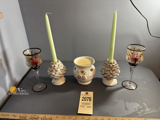 Lot 83-2076 - Pinecone Taper Candle Holders, Pinecone Scent Wax Warmer, and Decorative Glasses
