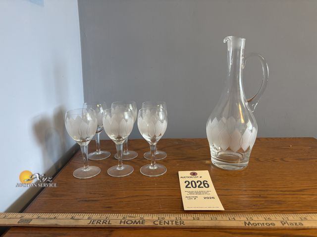 Lot 83-2026 - SIx Crystal Etched Diamond Shape Wedding Wine Goblets and Wine Liquor Decanter Carafe