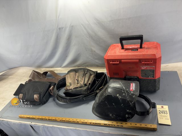 Lot 83-2493 - Two Toolbags, Lincoln Welding Helmet, Milwaukee Cordless Vacuum