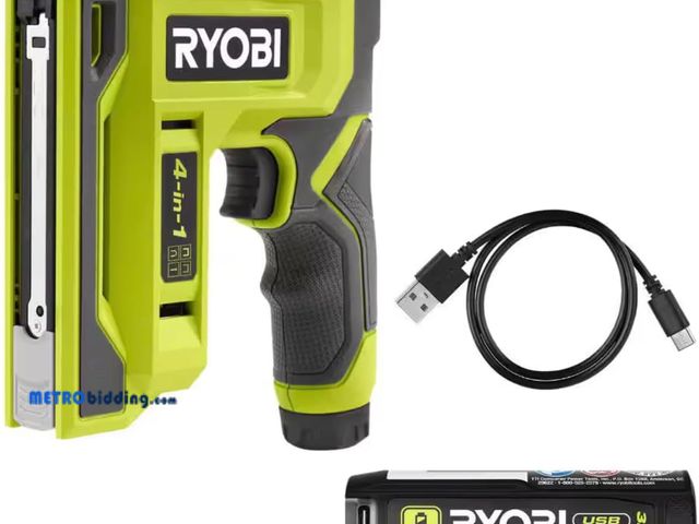 Lot 88-480064 - RYOBI USB Lithium 4-in-1 Stapler/Nailer Kit, Cordless with 3Ah Battery, 600+ Staples Per Charge, LED...