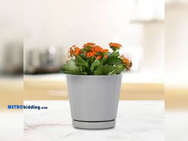 Lot 88-481451 - Vigoro Piedmont Small Gray Ceramic Round Planter with Attached Saucer and Drainage Holes (4 in. L x ...