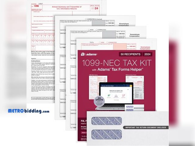 Lot 88-497317 - Adams 2024 1099 NEC Tax Forms Kit for 50 Recipients, 3-Part 1099 Forms, 6 1096 Forms, Self Seal Enve...