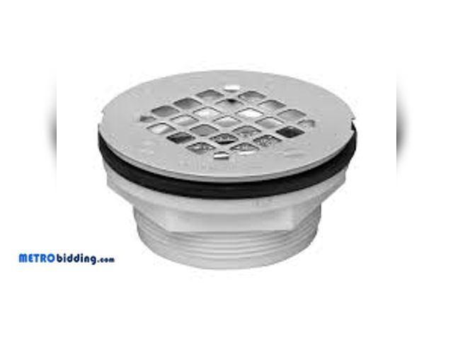Lot 88-496426 - Oatey Round No-Caulk White PVC Shower Drain with 4-1/4 in. Round Snap-In Stainless Steel Drain Cover