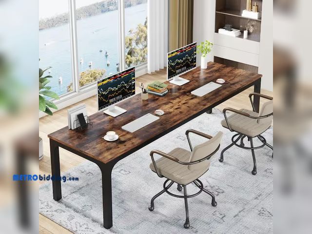 Lot 88-491592 - Moronia 78.7 in. Rectangular Rustic Brown Wood 2 Person Computer Desk with Adjustable Foot Pads for ...