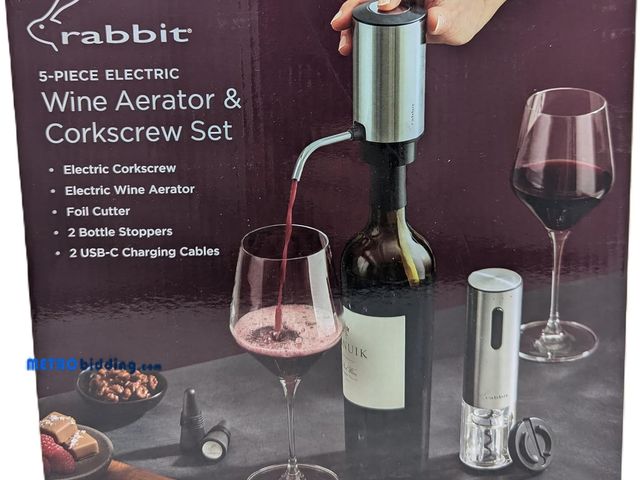 Lot 88-491418 - Rabbit Electric Wine Tool Set - 5-Piece Wine Accessory Collection - Aerator, Corkscrew, Cutter, Stop...