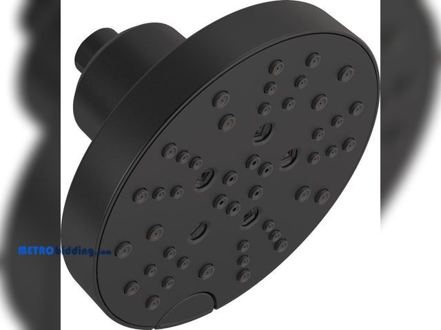 Lot 88-481370 - Delta Faucet 5-Spray Shower Head with H2Okinetic Technology, Matte Black Raincan Shower Head, Round ...