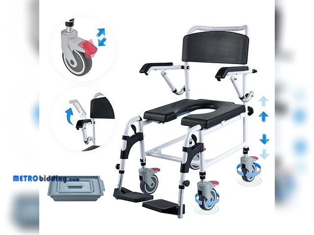 Lot 88-503419 - VEVOR Shower Commode Wheelchair with 4 Lockable Wheels, Footrests, Flip-up Arms, 3-Level Adjustable ...