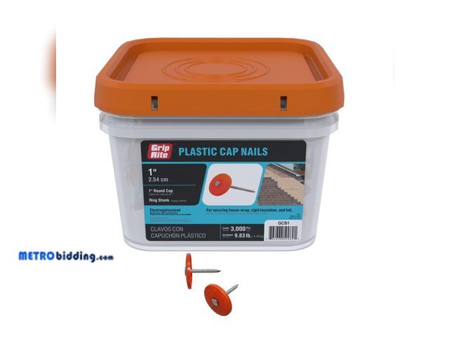 Lot 88-498938 - Grip-Rite GCB1#12 x 1" Plastic Cap Roofing Nail, Electrogalvanized, Diamond Point Ring Shank, 3000 C...